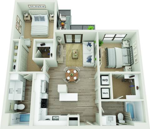 Floor plan for 2 beds, 2 baths, 1059 sqft